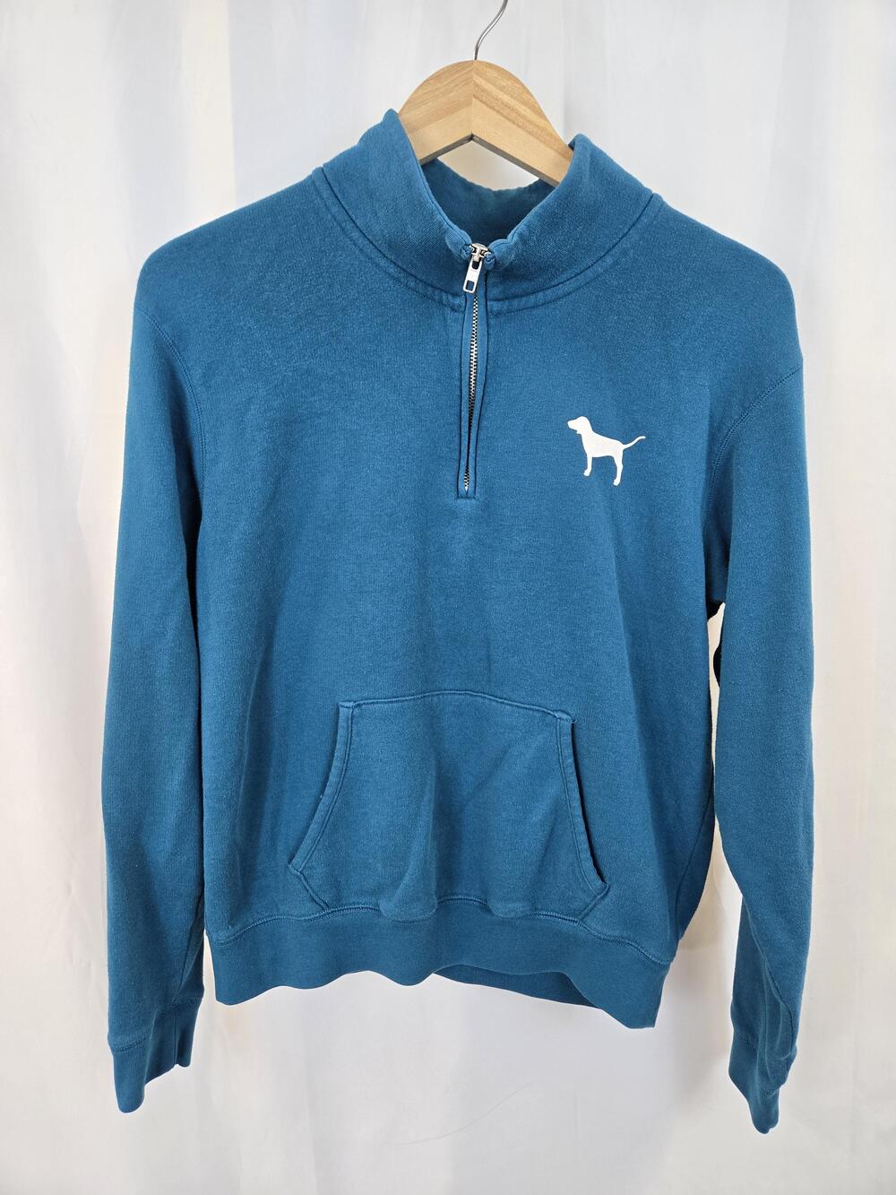PINK Sweatshirt Juniors Small Blue 1/4 Zip Mock Neck Dog Logo Fleece Pullover